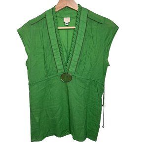Lauren Moffatt Sleeveless V-Neck Embellished Cotton Top Green Gold Size XS